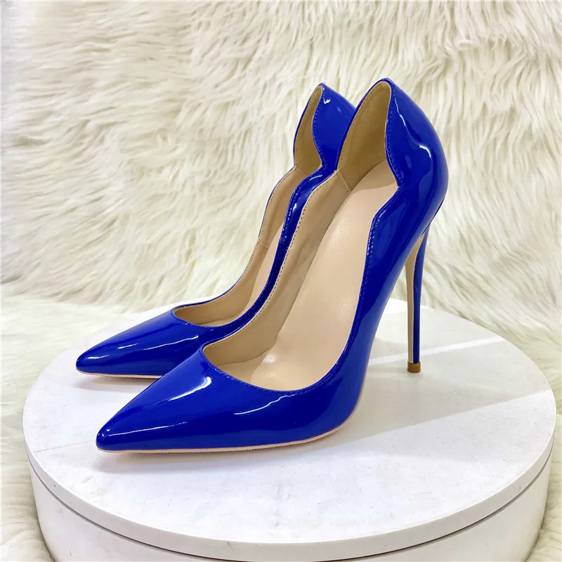 KeShangJjia Blue Women Patent Curl Cut Pointy Toe Stiletto Pumps Chic Ladies Ultra High Heel Shoes Customize 8cm 10cm 12cm