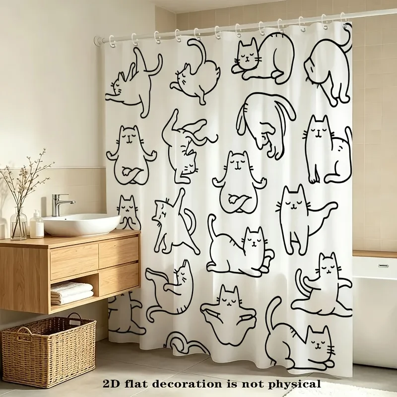2D Flat, 1pc Minimalist Line-drawn Hand-painted Cat Shower Curtain, 2D Flat Print Featuring Black Line Drawings of Cats on a Whi