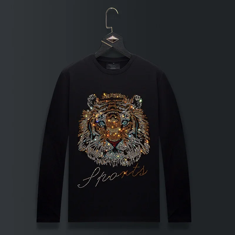 Plus Size Rhinestones Tiger T Shirts Men Fashion Streetwear O Neck Long Sleeve Tops Slim Modal Cotton Tshirts Mens Clothing