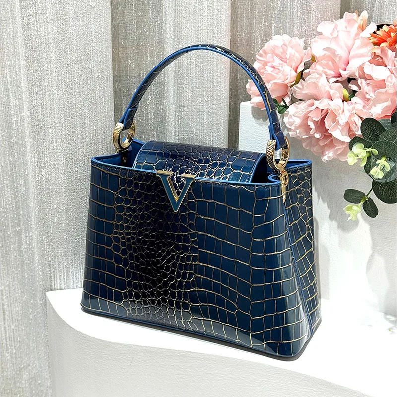 Luxury Fashion Leather Women\'s Handbags Crocodile Pattern Shoulder Messenger Bag Ladies Commuter Classic Tote Shell Bags 2024