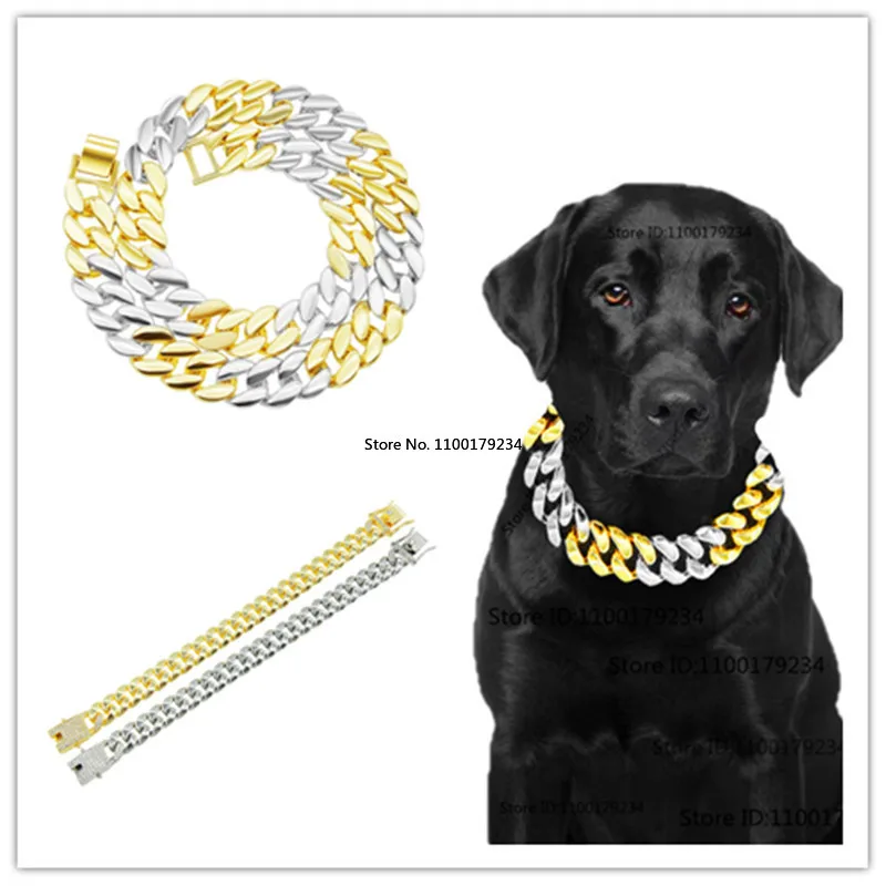 New Design Flat Curb Miami Cuban Link Dog Chain Collar Solie Metal Gold Silver 2tone Color Puppy Cat Dog Jewelry Security Buckle