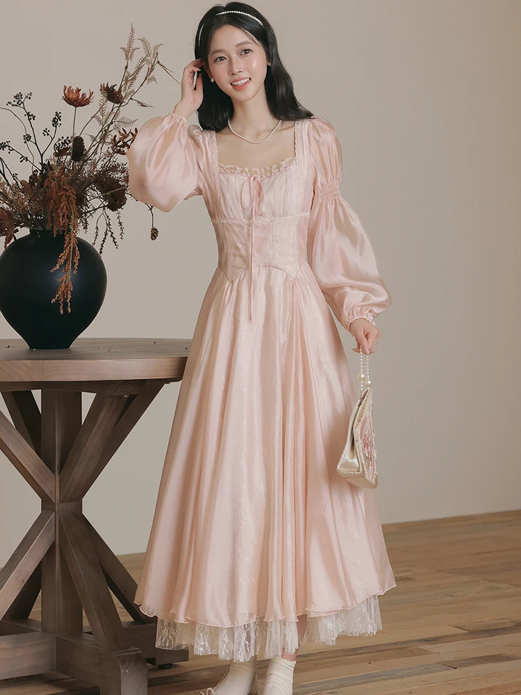 Outono inverno rosa malha chique renda gola quadrada maxi vestido feminino elegante casual casa vestido 2025 moda coreana bodycon vestidos