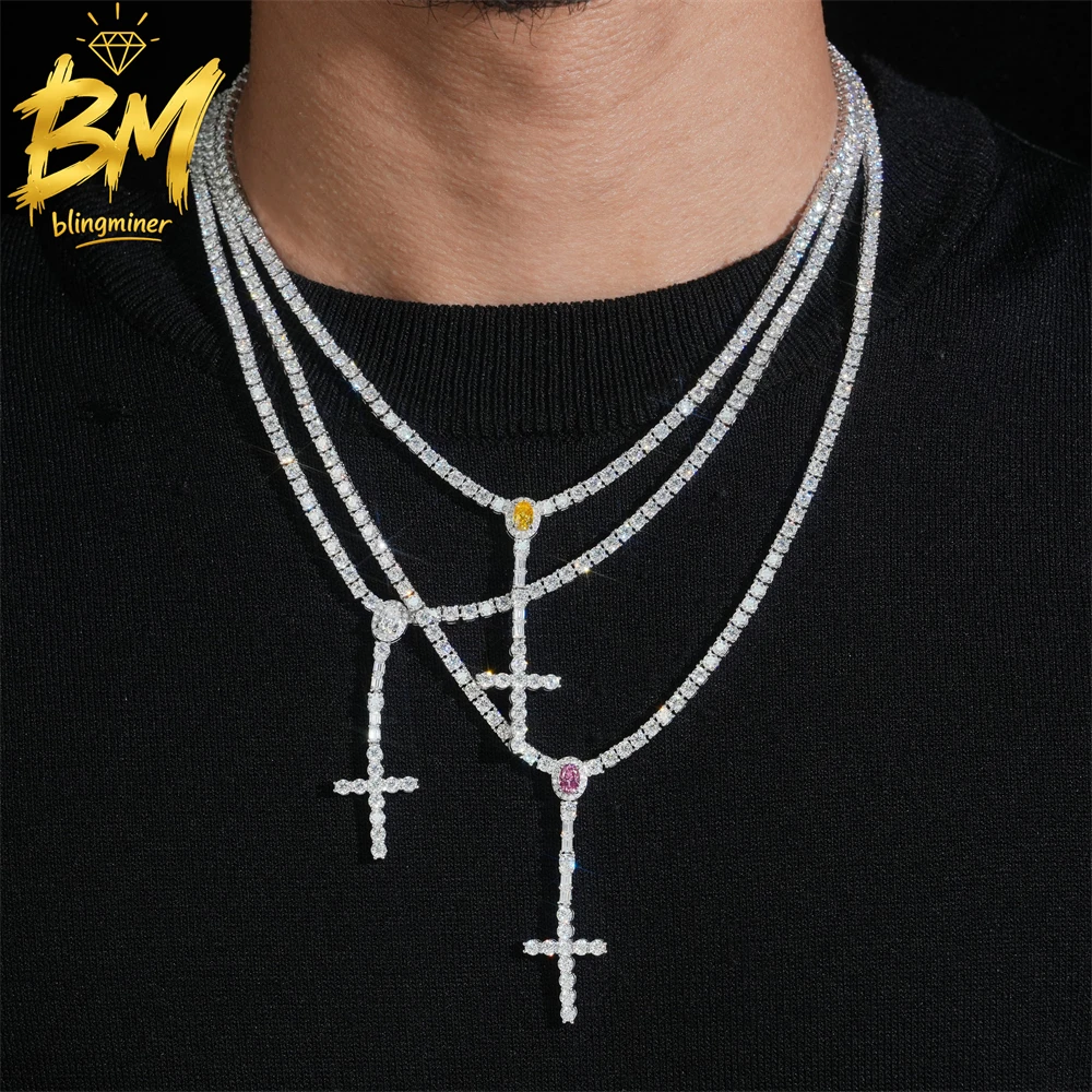 Blingminer S925 Silver 3mm Cross VVS Moissanite Tennis Chain Iced Out Necklaces For Men Pass Diamonds Tester GRA Free Shipping