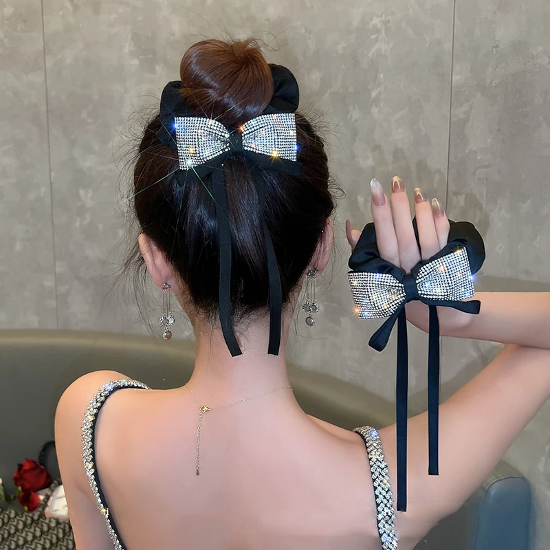 Diamond Bow Ribbon Hair Ropes Shiny Rhinestone Scrunchies Hair Tie Women Party Elegant Rubber Bands Temperament Ladies Accessory