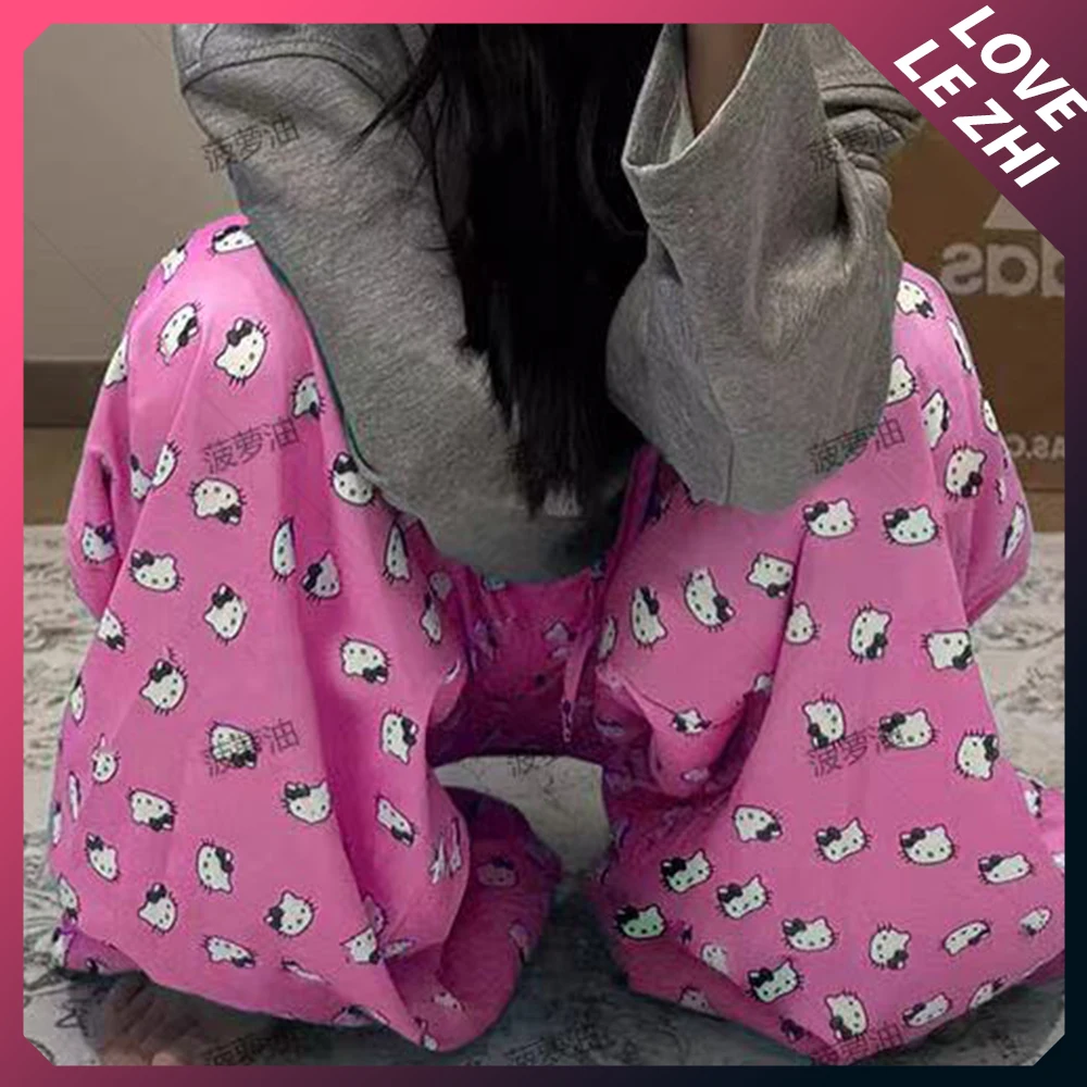 Sanrioed Hello Kittys Girls Cute Pink Casual Trousers Kawaii Cartoon Comfortable Loose Plus Size Straight Home High Waist Pants