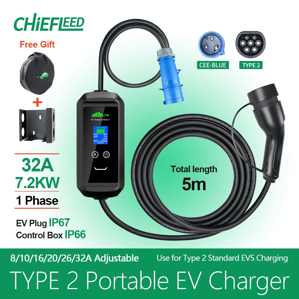 Chiefleed Mobile EV Charger 32A 1P 7KW  Type 2 Electric Vehicle Hybrid Cas Socket Timer 1-15Hour Charging CEE Blue Total 5M