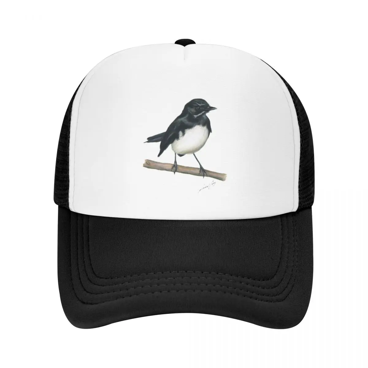 Willie Wagtail bird art with signature. Lovely little black and white bird gifts! Baseball Cap Hat Man For The Sun Mens Women's