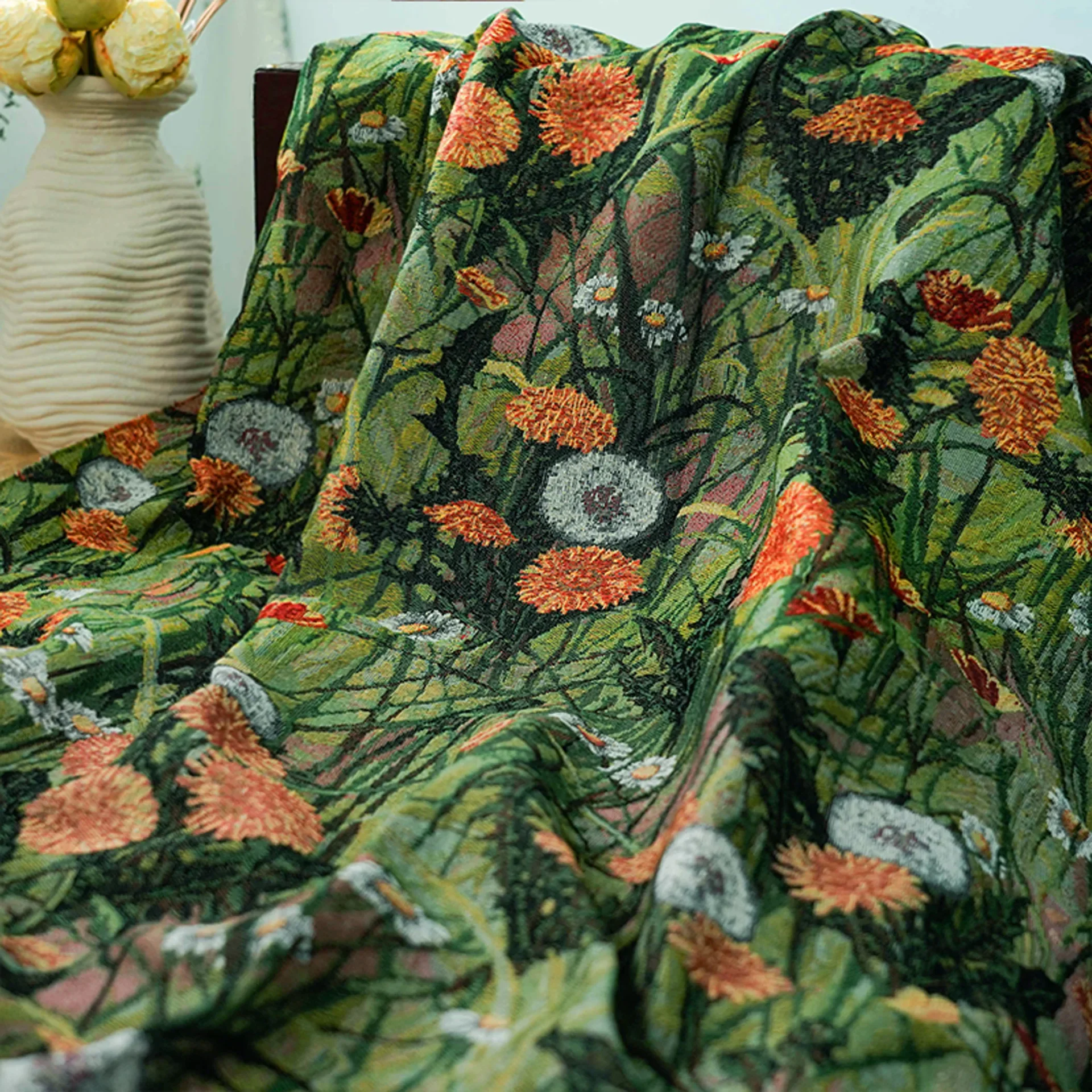 Oil Painting Style Green Plants Dandelion Jacquard Fabric Thick Tablecloth Pillow Cover Luggage Bag Curtains Diy Sewing Fabric