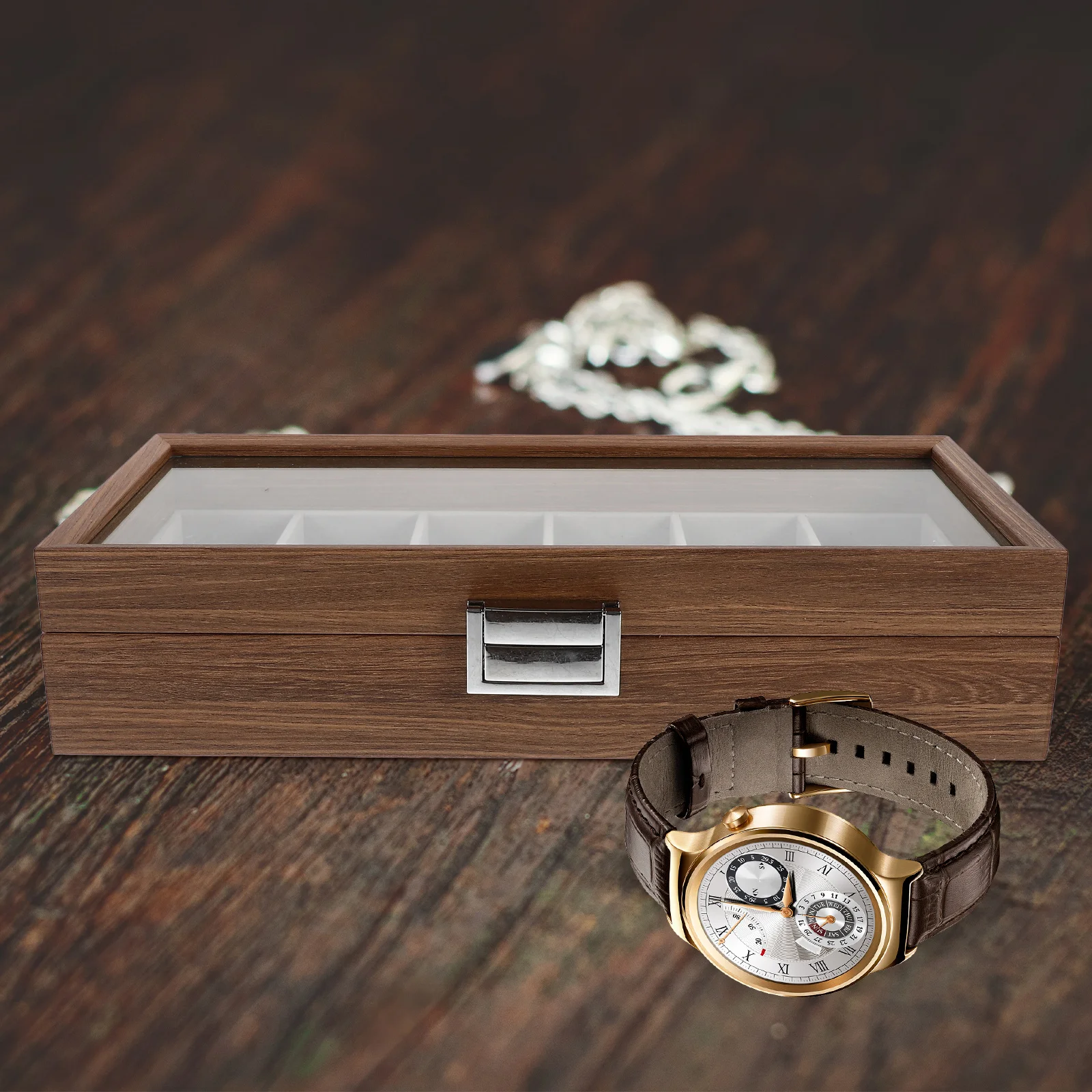 

6 Slot Storage Case 6 Slots Watch Box Storage Box Walnut Wood Grain Durable Display Case Jewelry Organizer Home Shop Use