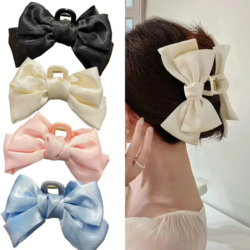 

Fashion Double Side Solid Satin Chiffon Big Bows Plastic Large Crab Clips Claw for Women Girls Thick Hair Accessories Headwear