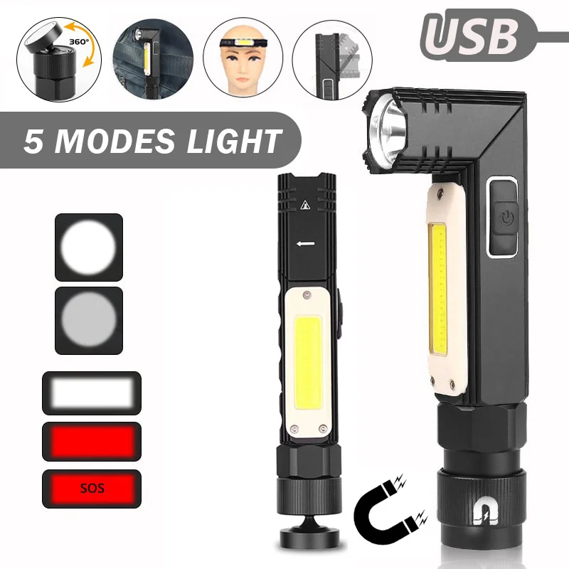 90° Twist Rotary LED Flashlight 5 Modes Light USB Rechargeable Magnetic Tactical Outdoor COB Work Lamp for Camping Fishing