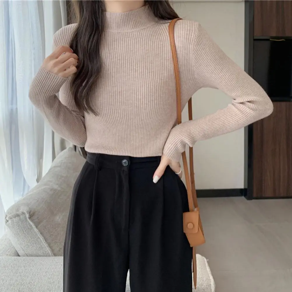 Women Top Half-high Collar Knitted Elastic Slim Fit Pullover Soft Warm Long Sleeve Casual Lady Sweater Basic Blouse