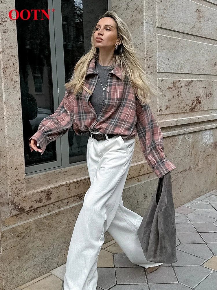 OOTN Casual Pink Plaid Shirts Blouses Female Summer Long Sleeve Striped Loose Tops Streetwear Single Breasted Shirts Coats Women