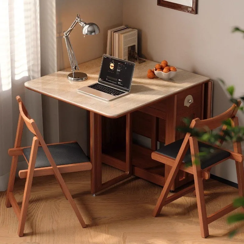 Solid wood rock slab folding dining table, small apartment retractable square reliable wall storage, antique dining table