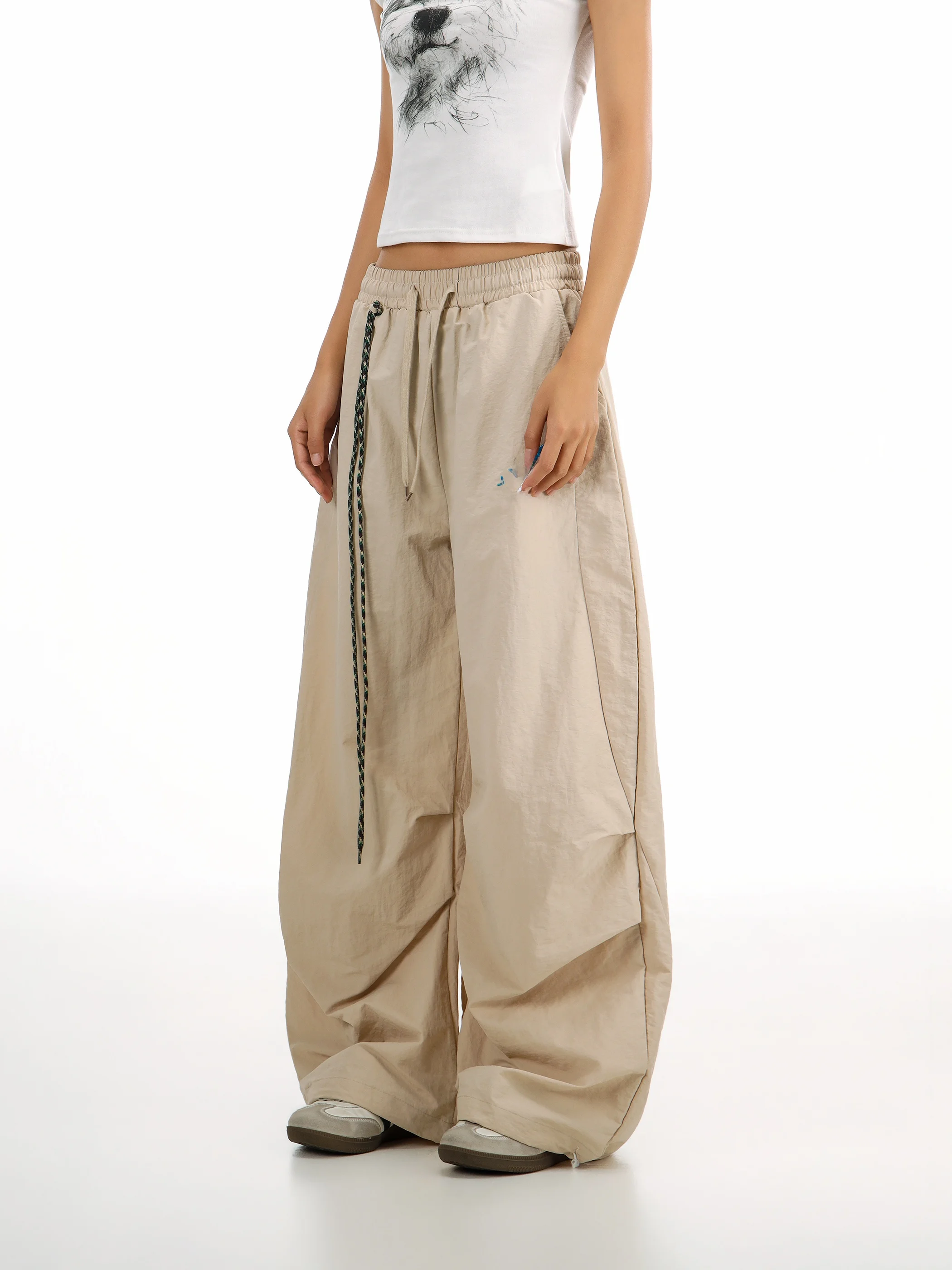 

Retro American Khaki Work Pants Women's Drawstring Waist Star Embroidery Wide Leg Casual Pants City Walk Loose Fit Summer