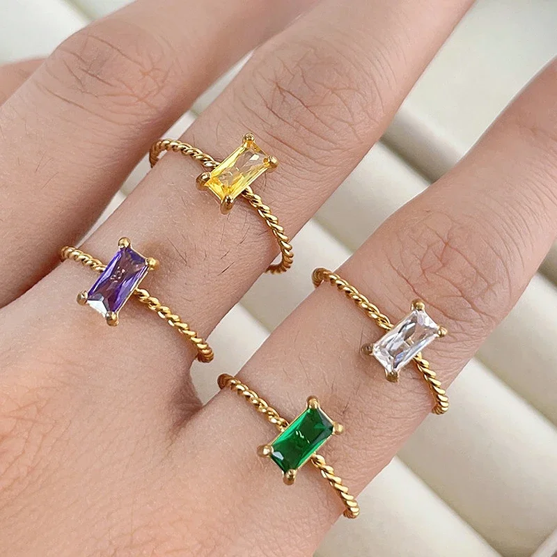 High End PVD Shinny Minimalist White Green Yellow Violet Zircon Rings Female Exquisite Stainless Steel Jewelry Wholesale