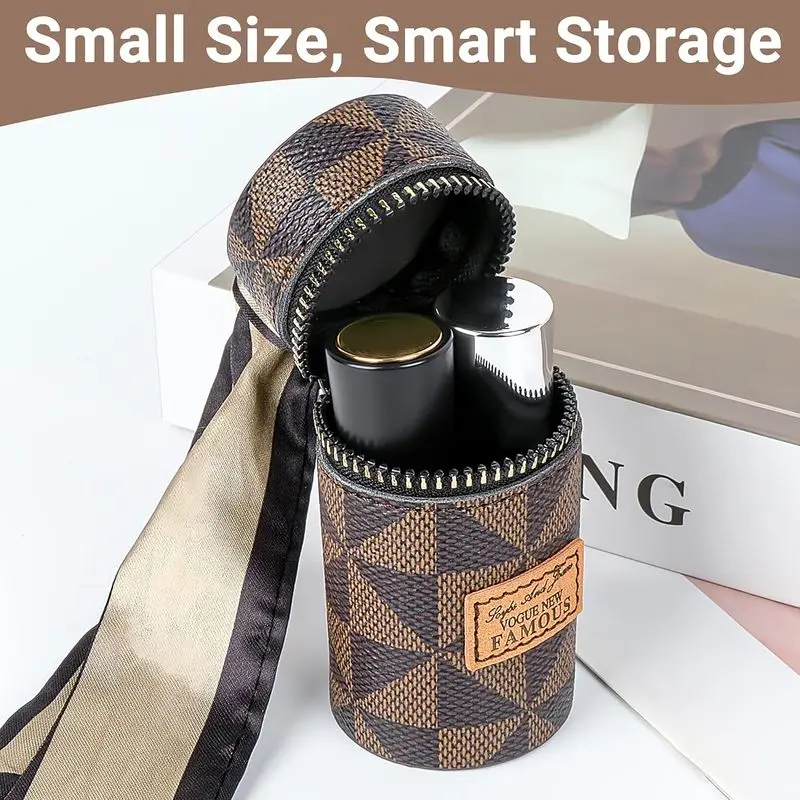 Women's Mini Lipstick Pouch Keychain PU Cylinder Coin Purse with Scarf Charm Zipper Case for Travel Daily Bag image 4