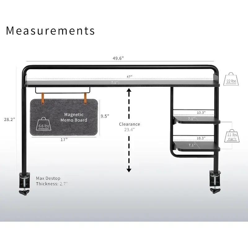 Fully upgraded.Clamp-on 50 inch Desktop Shelving System for Sit Stand Workstation, Raised Accessory Storage Shelves and Magnetic