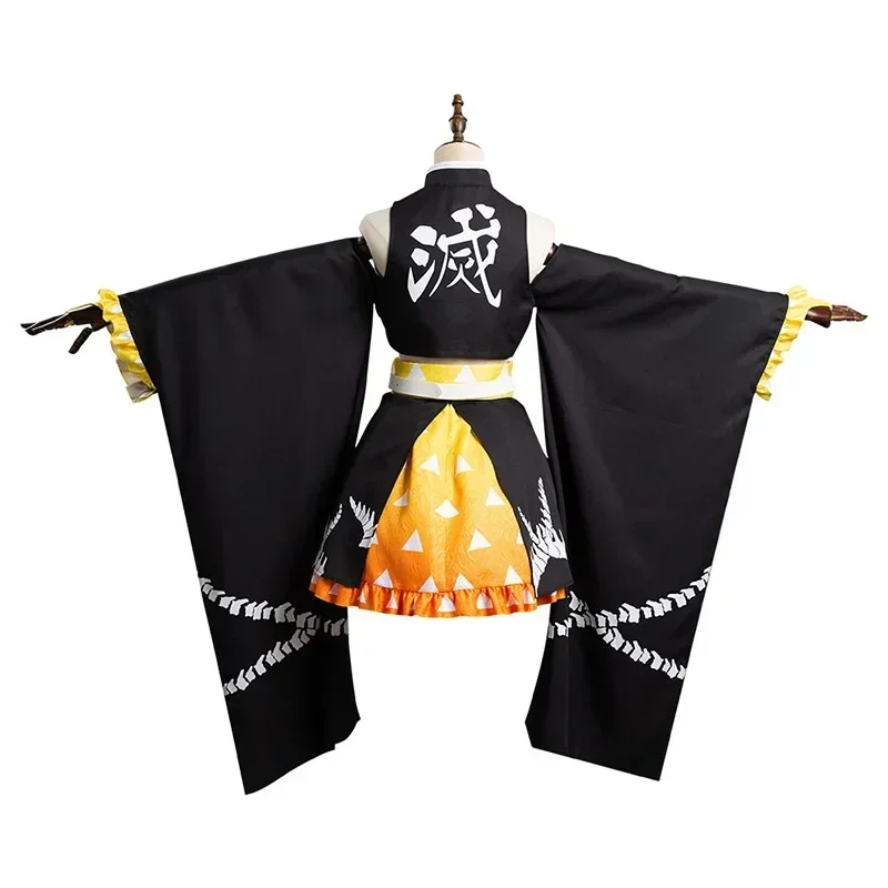 Anime Demon Moordenaar Agatsuma Zenitsu Cosplay Kostuums Jurk Met Pruik Rekwisieten Halloween Kerstuniform Voor Man Vrouwen En Kind