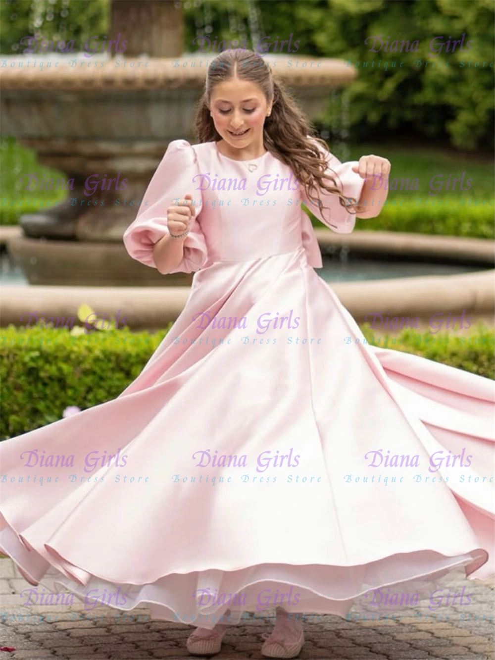 Quality Elegant Pink Or White Satin Fluffy Flower Girl Dress for Little Girls Wedding Birthday Party First Communion Gowns