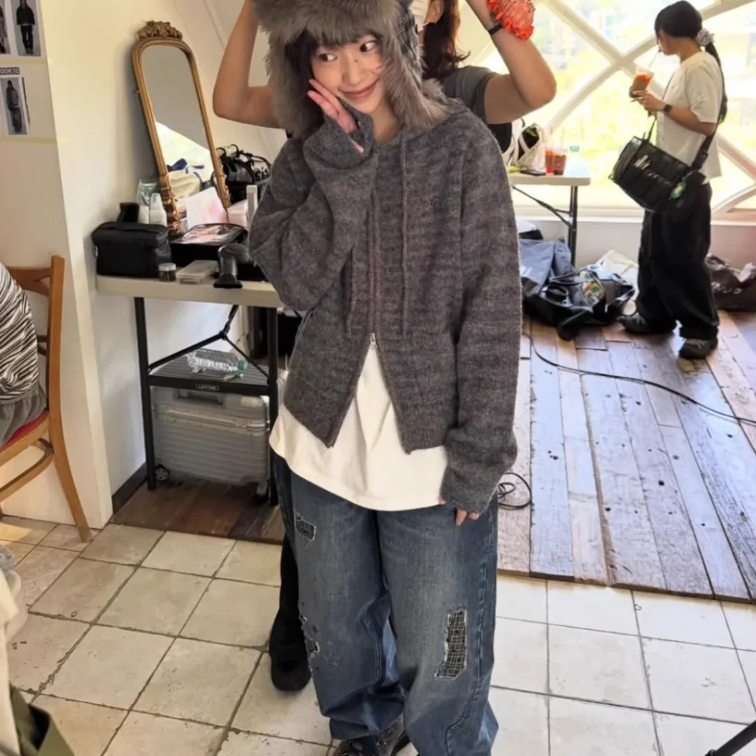 

Worn-In Denim Hooded Knit Jaet And Wide-Leg Pants Set Korean Sle Winter Faion Outerwear for Teens Girls Two-Piece Set