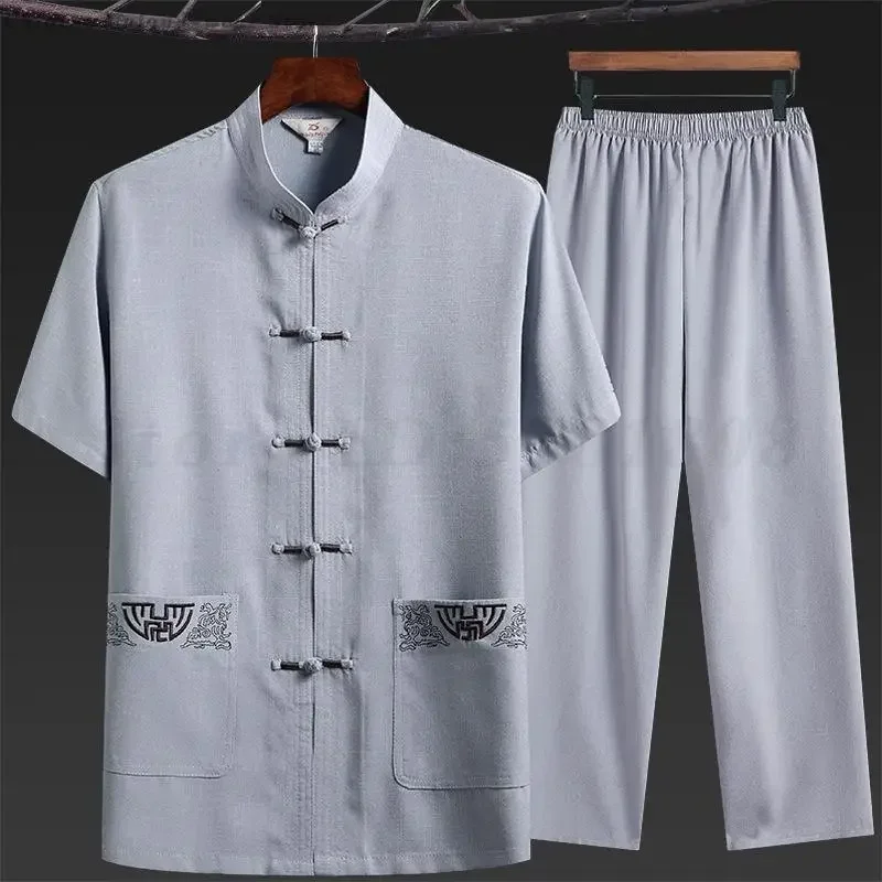 الأزياء الصينية التقليدية الرجال الصيف تانغ الملابس Hanfu مجموعة قصيرة الأكمام قميص وبانت الوطنية الووشو الكونغ فو تاي تشي موحدة