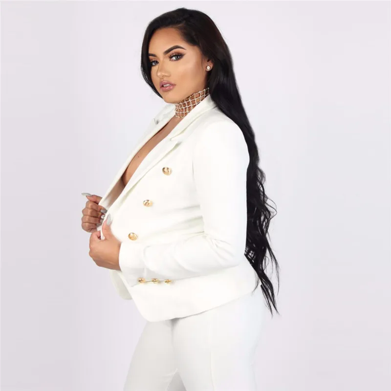 White Women Blazer Suits 2 Pieces Plus Size Deep V Neck Casual Daily Jacket Double Breasted Slim Fit Jacket