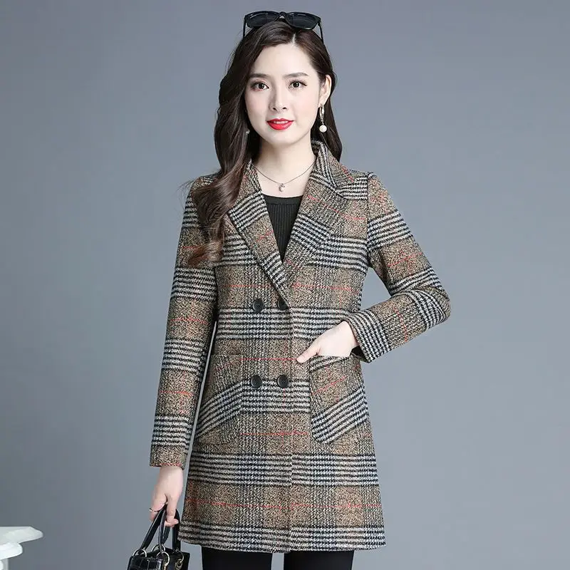 Blazer de Tweed a cuadros Vintage para Mujer, chaqueta de Tweed, ropa de manga larga, cortavientos con bolsillo, prendas de vestir exteriores delgadas Chic coreanas para Mujer, otoño