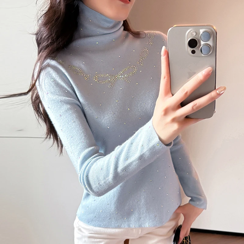 Black,Korean,Style,Fall,Winter,Turtleneck,Sweater,Chic,Sexy,Shiny,Bowknot,Diamonds,Women,Long Sleeve,Knitted,Drill,Tops,5110404