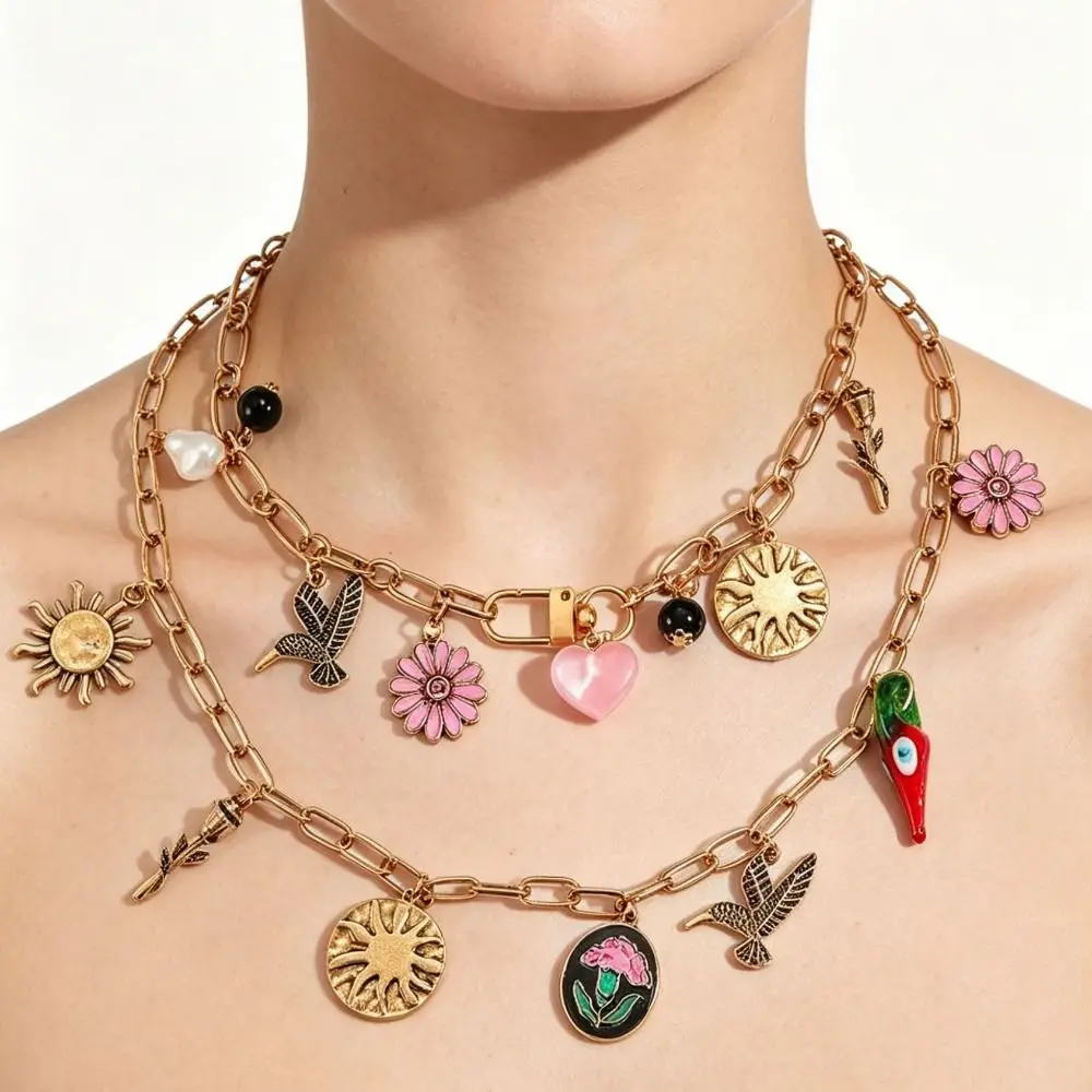 Simple Metal Chain Enamel Necklace Flying Bird Sunflower Flower Pendant Necklace Vintage Exaggerated Boho Clavicle Chain Beach