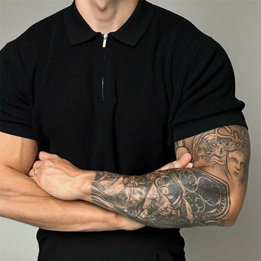 Mens Casual Solid Color Half-Zip Polo Sweater 2024 New Daily Comfortable Simple Versatile Soft Short Sleeve T Shirt For Men