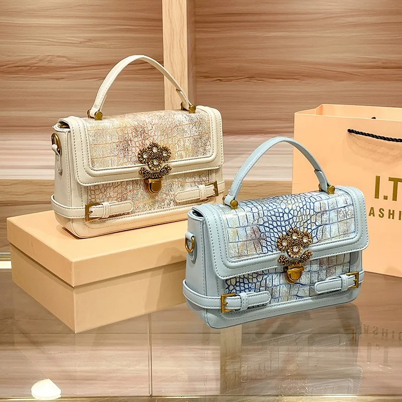 High end leather crocodile pattern handbag 2024 new fashionable buckle bag for female designer single shoulder crossbody bag