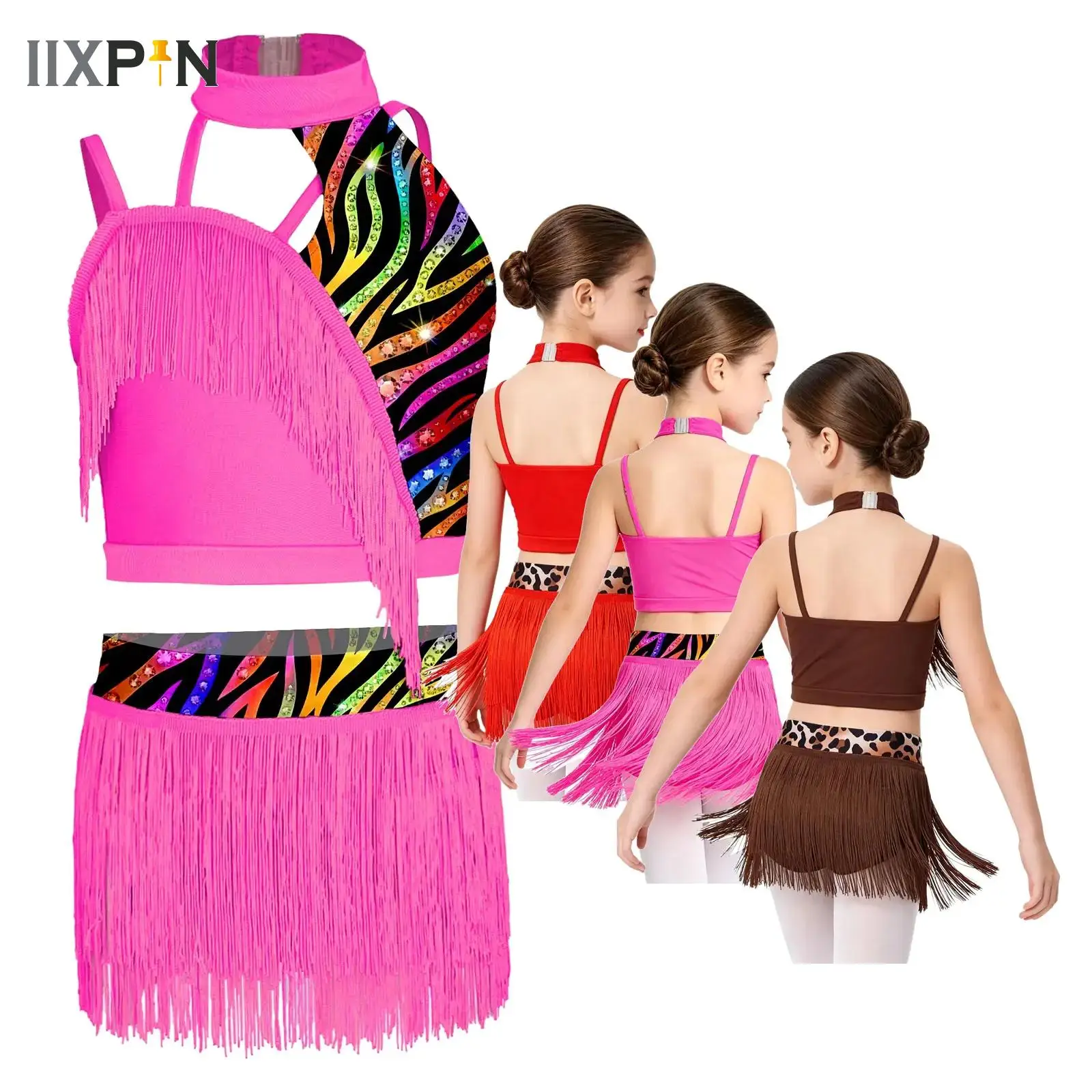 Kids Girls Leopard Tassel Jazz Latin Ballet Dance Costume Sleeveless Crop Top+Built-in Shorts Skirt Salsa Costume Performance