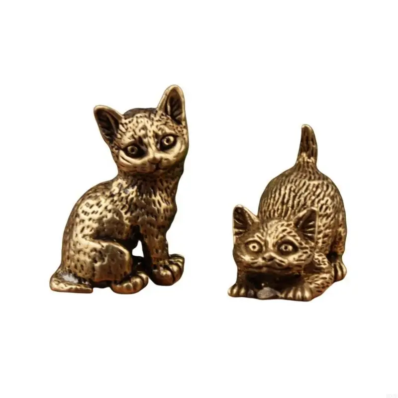 Antique Vintage Brass Cats Sculpture Miniature Desk Decoration Detailed Kitten Figurine Perfect Homes Accent Gift B03E