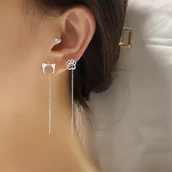 New Cute Hollow Cat Drop Earrings For Women Cat Paw Asymmetry Tassel Long Earline Korean Fashion Silver Color Ear Jewelry