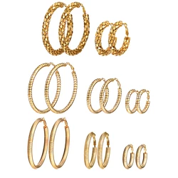 U7 25/40/70mm Round Hoop Earrings for Woman Lines Chain Pattern Hollow Out Circle Three Color Simple Design Female Jewelry QC24