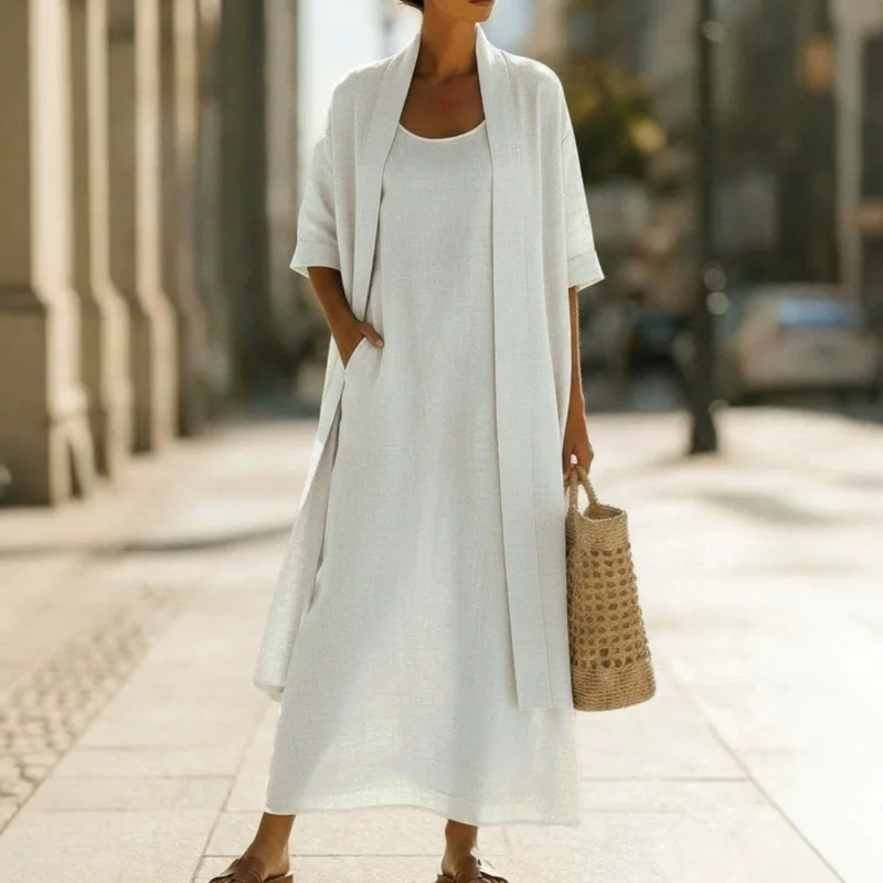 Women Cotton Linen Two Piece Dress Set Sleeveless Long Dress With Open Front Half Sleeve Cardigan Loose Casual Outfit
