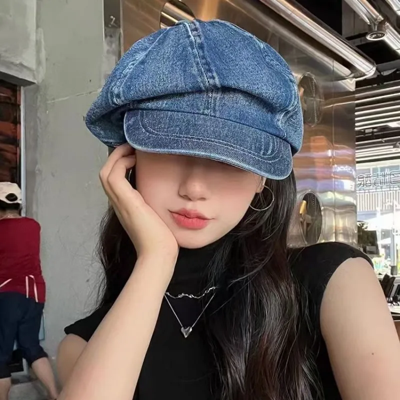 Cloud Top Boina Washed Cotton Demin Octagonal Beret Cap Women Korean Japanese Retro Jean Oversized Chunky Painter Newsboy Hats