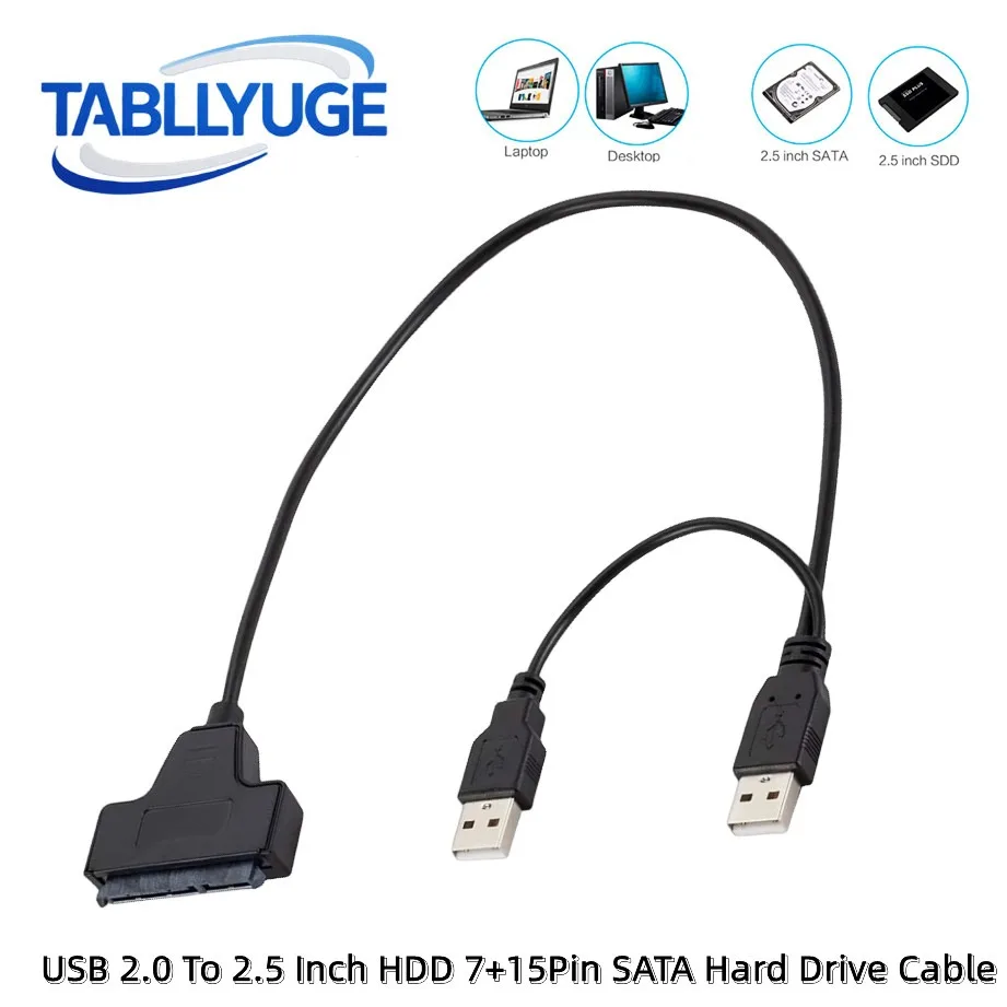 USB 2.0 to SATA Cable for 2.5 Inch External HDD SSD Hard Drive SATA 7+15Pin  Adapter USB 2.0 Adapter with Power Supply Port