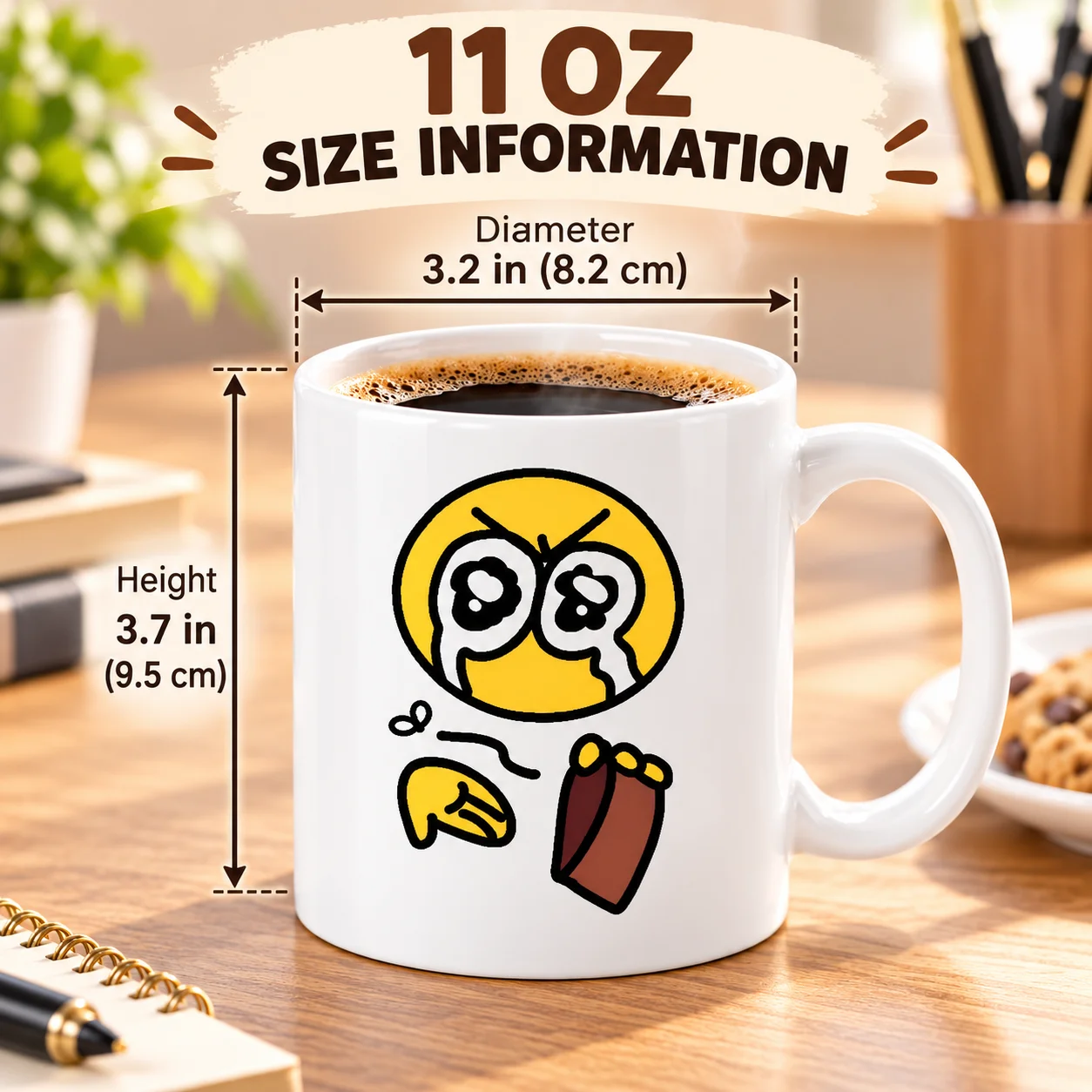 Sublimation Ceramic Coffee Mug, Funny Crying Yellow Emoji With French Fries Graphic Cup, Humorous Cartoon Tea Mug, 11oz Coffee