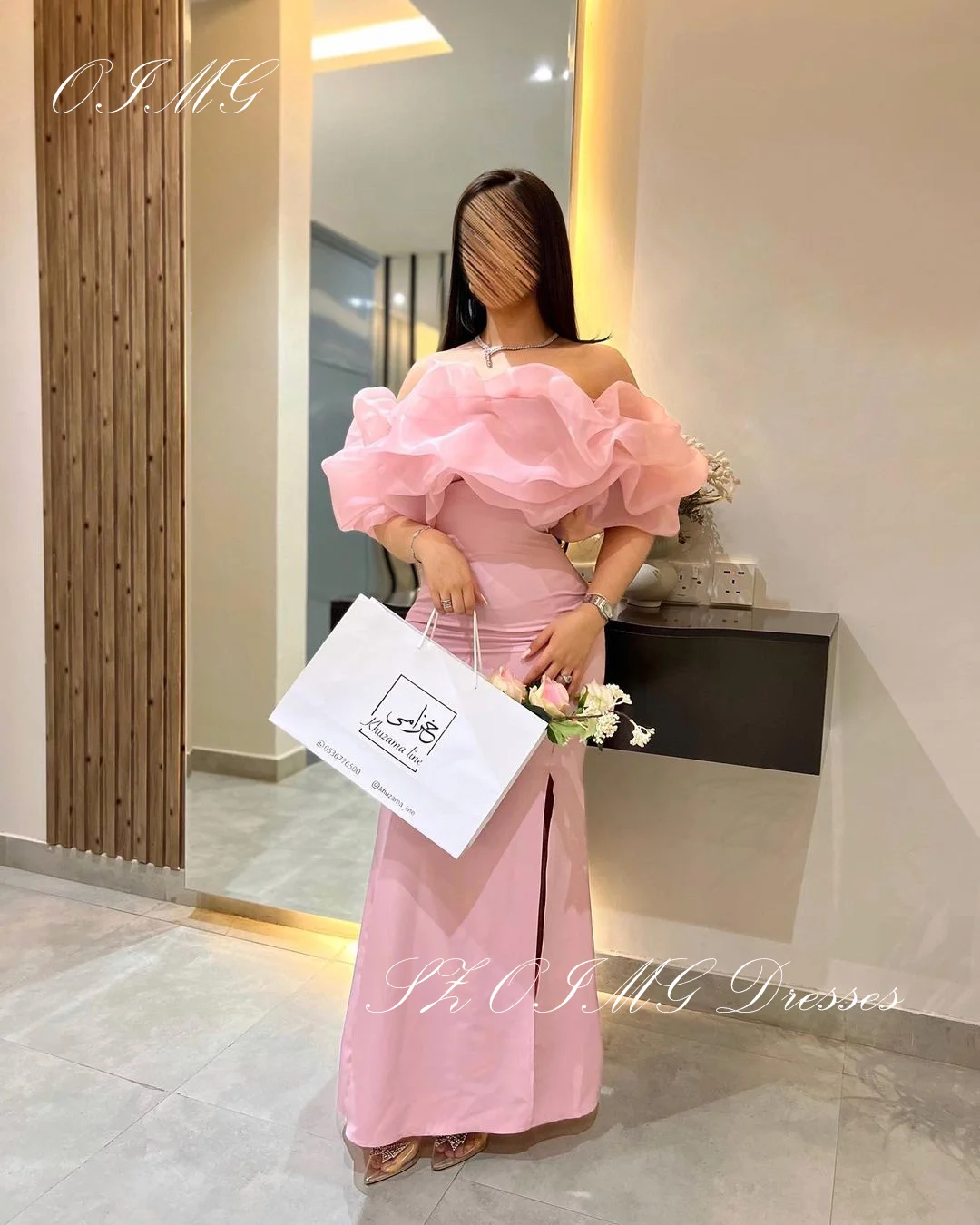 OIMG Off the Shoulder Prom Dresses Ruffles Short Sleeves Women Satin Pink Slit Simple Evening Gowns Occasion Formal Party Dress