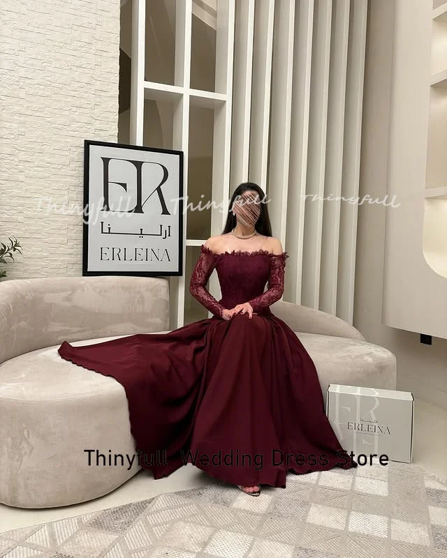 Thinyfull A ライン シフォン/レース プロムドレス オフショルダー 長袖 イブニングドレス アラブ フォーマルドレス ローブ ド ソワレ カスタマイズ