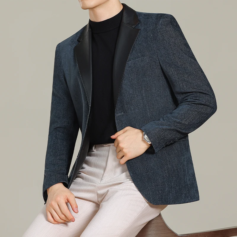 

Blazer Hombre Korean Luxury Clothing PU Leather Collar Spliced Mens Blazers Jackets Long Sleeve Slim Fit Casual Suit Coats Man