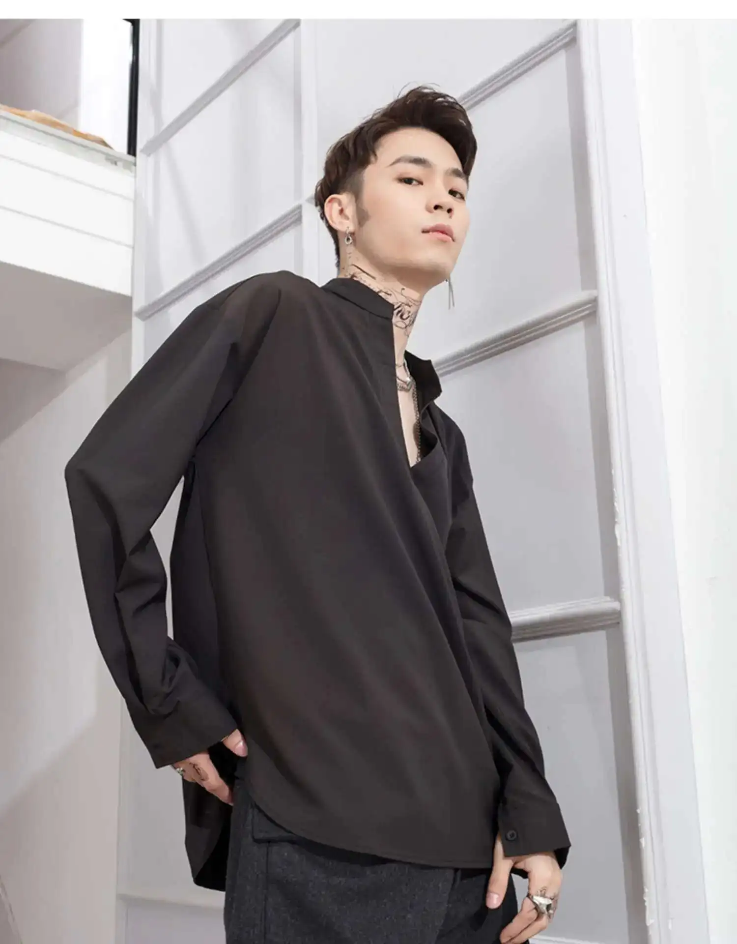 Loose Solid Shirt Men's Sleeve Color Personality Versatile V-Neck Long Pullover Coat
