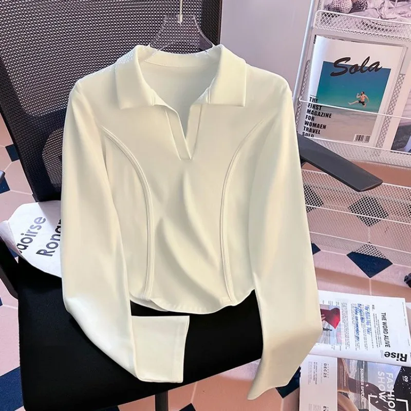 Women Polo Collar Long Sleeve T Shirt Irregular Hem Slim Fit Cropped Top Casual Basic Blouse Spring Autumn Inner Wear