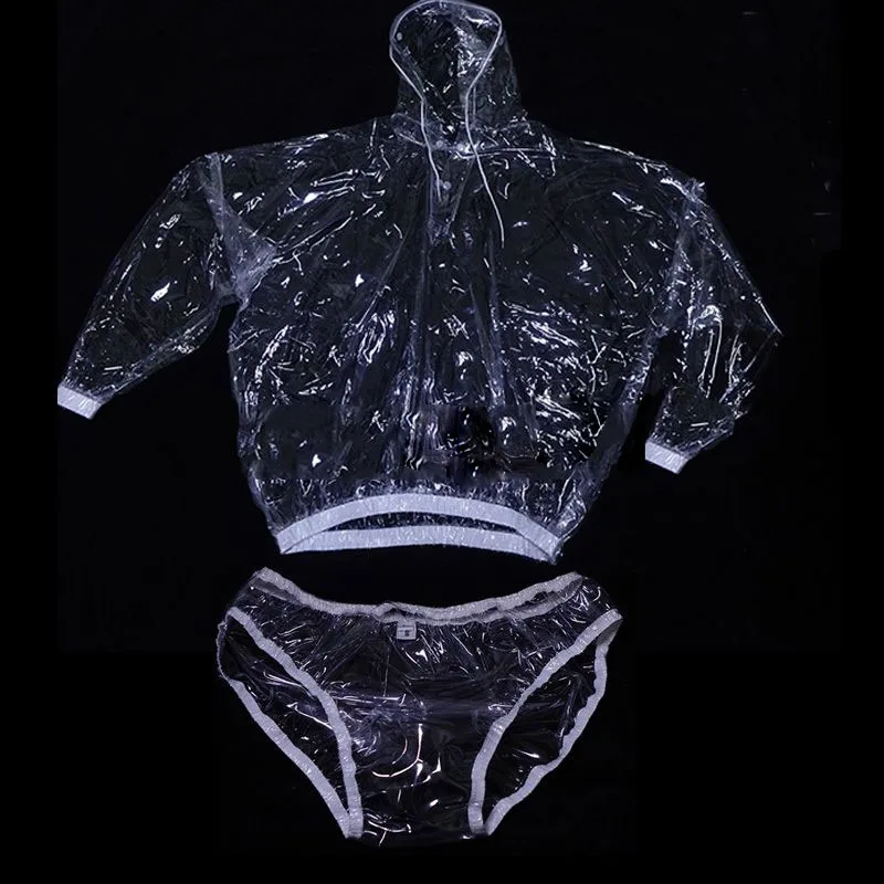 

Transparent PVC Pants Tops Soft Silent Hooded T-shirt Pullover ABDL Adult Baby Waterproof Plastic Shorts Couple Erotic Panties