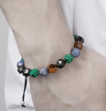 Natural stone tiger eye green peacock 10mm faceted stone bracelet braided stone bracelet polygonal bead bracelet