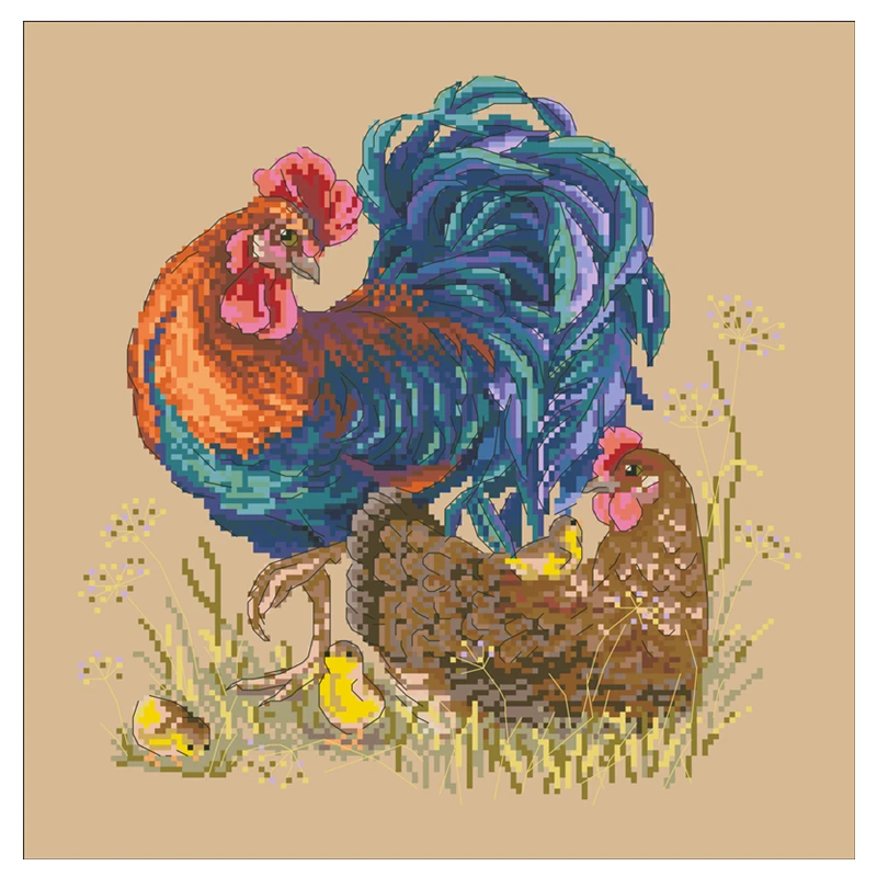 Rooster and hen cross stitch kit cotton thread 18ct 14ct 11ct linen flaxen canvas stitching embroidery DIY