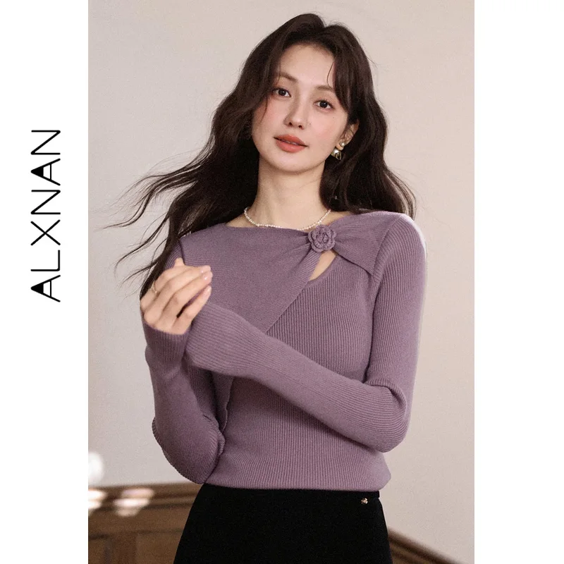 

ALXNAN Women's Purple Sweater Fall Winter Slim-fit Warm Long Sleeve Knitwear Casual Elegant Loose-fit Knit Tops Female L59328