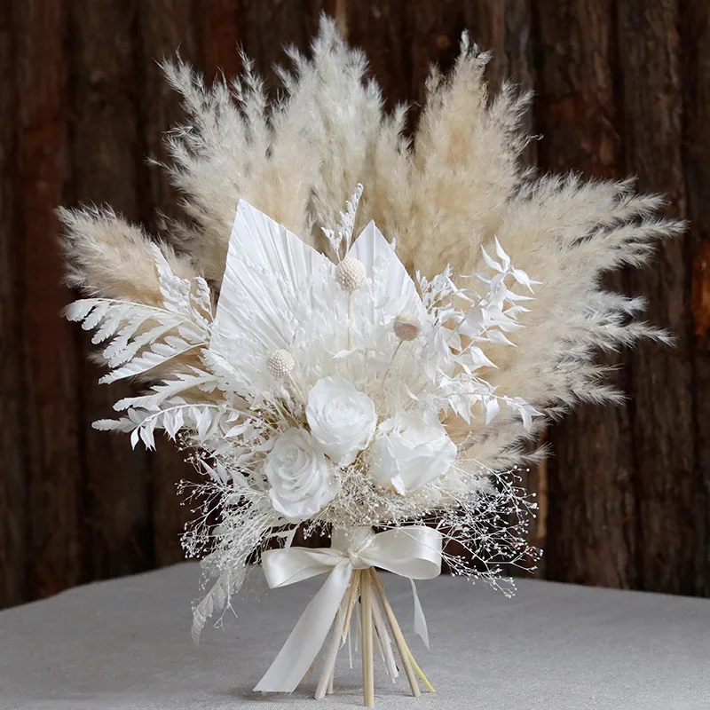 Dried Flowers Pampas Bunny Rabbit Tails Wedding Bouquet Arrangement  Artifical Flower Bridal Holding Flower Wedding Decoration